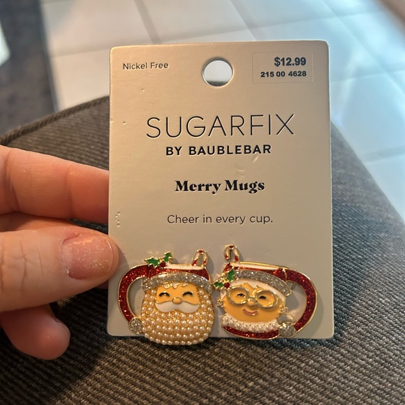 Holiday Season Sugar Fix by Bauble Bar, Mr. & Mrs. Claus coffee mug earrings NWT - Picture 1 of 2